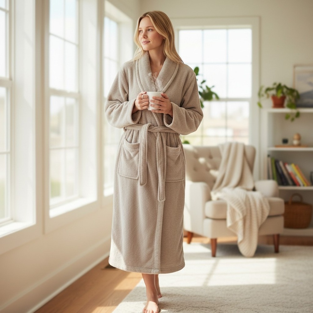 Brookstone n·a·p Plush Robe Unisex OS Tan Soft Fleece Loungewear Shawl Collar